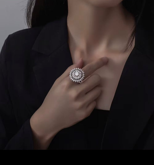 Sunburst Diamond Ring – Sterling Silver Marquise Halo Statement Ring