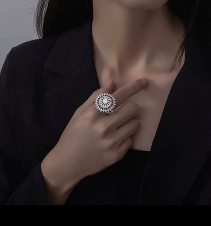 Sunburst Diamond Ring – Sterling Silver Marquise Halo Statement Ring