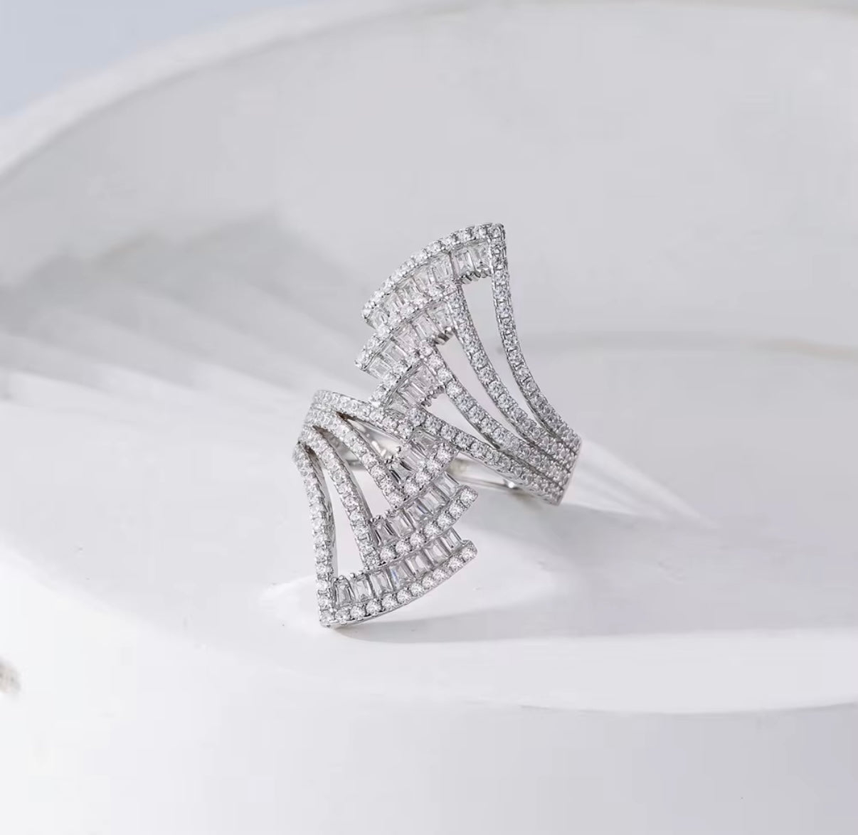 Radiant Fan Statement Ring – Sterling Silver Baguette & Pavé Design