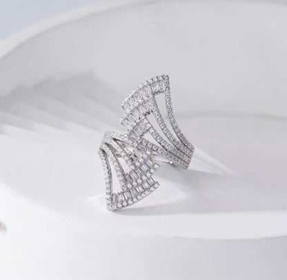 Radiant Fan Statement Ring – Sterling Silver Baguette & Pavé Design