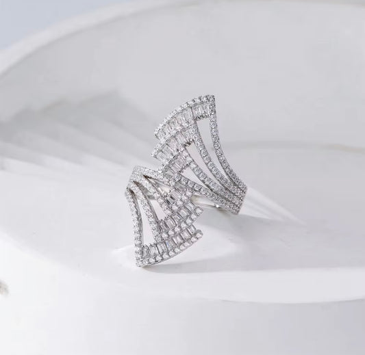 Radiant Fan Statement Ring – Sterling Silver Baguette & Pavé Design