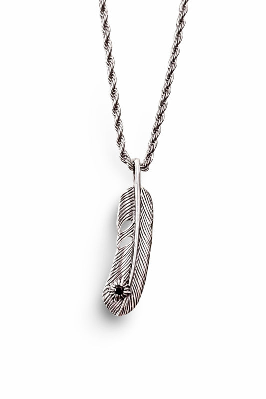 Sterling Silver Feather Necklace with Black Onyx | Unisex Spiritual Pendant