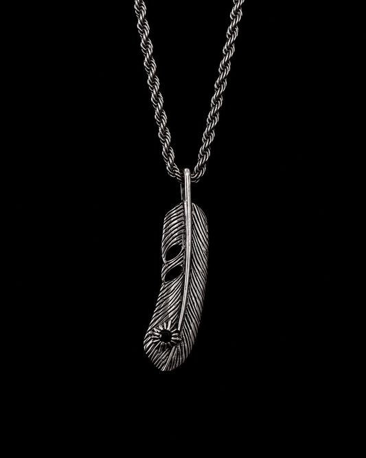 Sterling Silver Feather Necklace with Black Onyx | Unisex Spiritual Pendant
