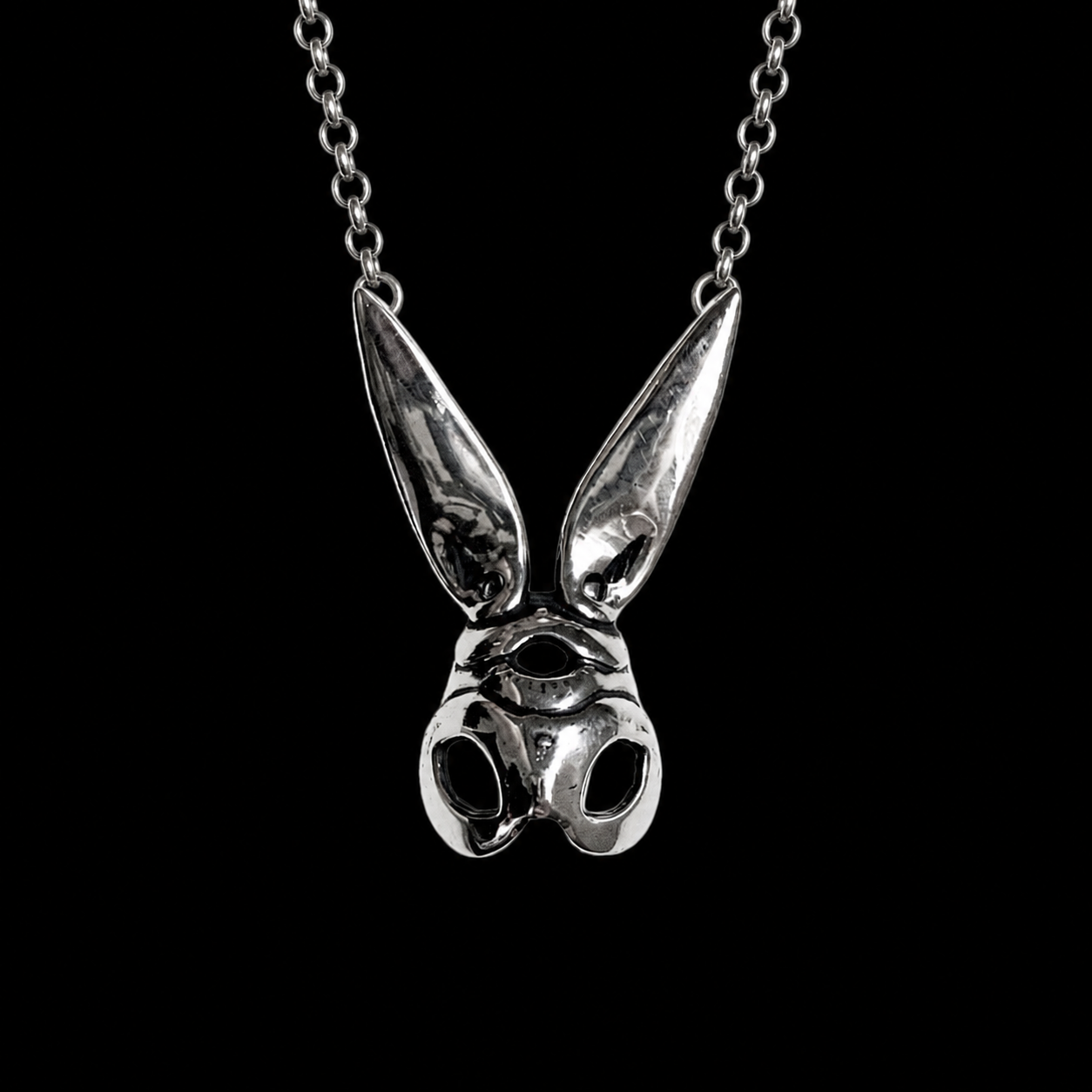 Sterling Silver Bunny Mask Necklace — Handcrafted Statement Pendant
