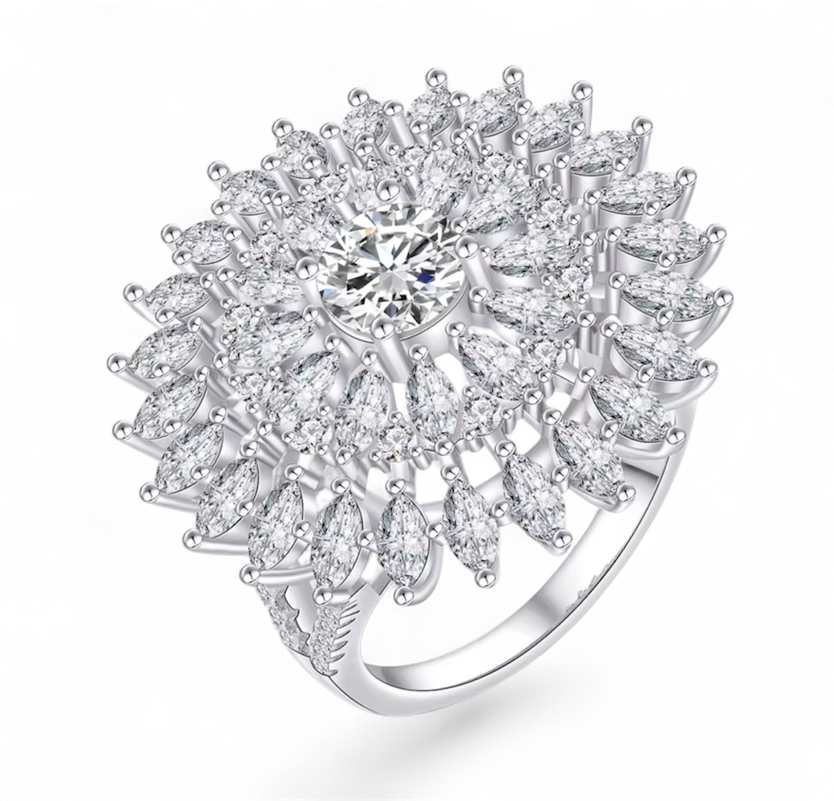 Sunburst Diamond Ring – Sterling Silver Marquise Halo Statement Ring