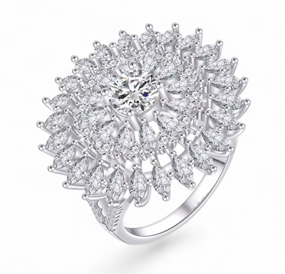 Sunburst Diamond Ring – Sterling Silver Marquise Halo Statement Ring