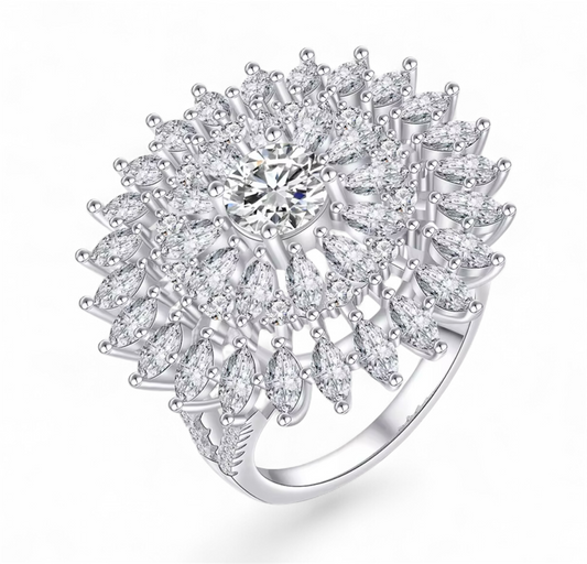 Sunburst Diamond Ring – Sterling Silver Marquise Halo Statement Ring