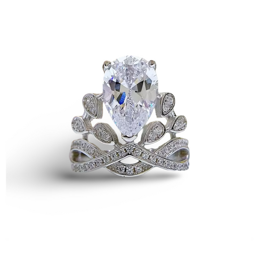 Pear-Shaped Crown Leaf Ring – Sterling Silver with Cubic Zirconia